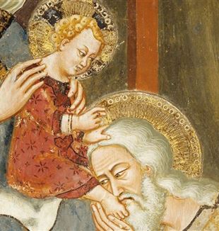 Un détail de l'Affiche de Noël 2023, avec l'Adoration des Mages, une fresque anonyme de l'école du Maître du Sacré Speco, Monastère du Sacré Speco à Subiaco, 14e siècle (Photo : Photothèque DeAgostini/Scala, Florence)