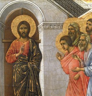 Duccio di Buoninsegna (vers 1260 -1318), Maestà (cymatium), 'Apparition aux apôtres portes closes', détail