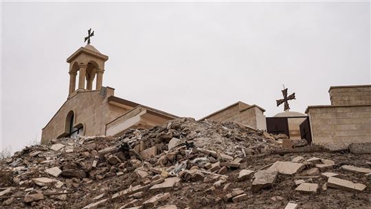 Les ruines du monastère chaldéen de Mar Gorgie dévastées lors de l'occupation par l'Isis à Mossoul, en Irak (Ansa-Dpa/Ismael Adnan)