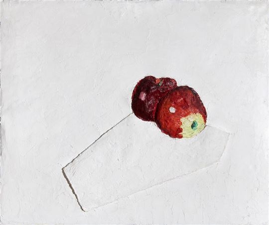 Giovanni Testori, « Deux pommes », l'illustration en couverture de ''Tracce'' de janvier. Prêt Association Giovanni Testori. Photo de Lidia Patelli
